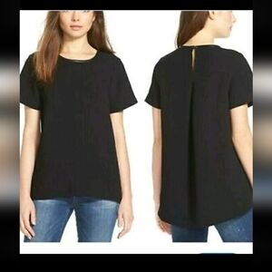 Madewell Womens Black Casual Blouse With Back Pleat Faux Leather Trim Top M
